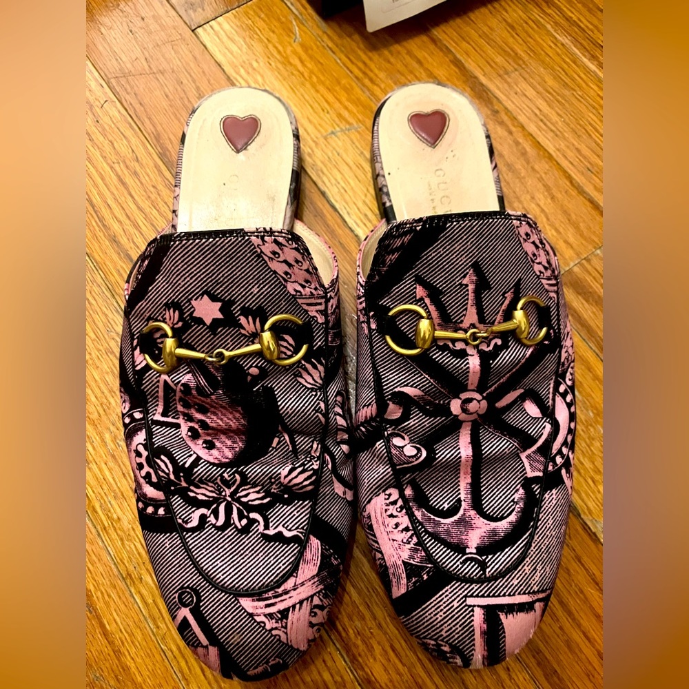 Black and Pink Satin Gucci Mules